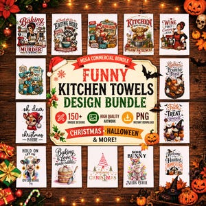Op de afbeelding: Een digitaal ontwerppakket met meer dan 150 grappige theedoekafbeeldingen voor Kerstmis en Halloween. Het centrale bord bevat de tekst 'MEGA COMMERCIAL BUNDLE FUNNY KITCHEN TOWELS DESIGN BUNDLE 150+ UNIQUE DESIGNS HIGH QUALITY ARTWORK'.
