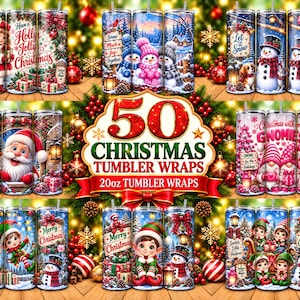 May include: A collection of 50 Christmas-themed 20oz tumbler wraps featuring festive illustrations of Santa Claus, elves, snowmen, and children in winter settings with text including Have a Holly Jolly Christmas and Let it Snow.