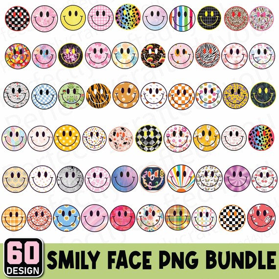 Smiley Face PNG: Retro Flower, Checkered Design (Digital Download, 300 DPI, 60 Files)