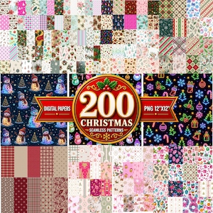 Puede incluir: Una colección de 200 patrones navideños digitales sin costuras en formato PNG, que miden 30,48 cm por 30,48 cm. La imagen muestra una cuadrícula de varios diseños festivos que incluyen muñecos de nieve, iconos navideños de neón, cuadros y motivos florales.