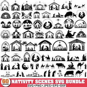 May include: A collection of 60 black Nativity scene designs in SVG, PNG, JPEG, EPS, and DXF formats. The images depict various silhouettes of the Nativity, including the Holy Family, animals, and the Three Wise Men.