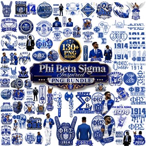 May include: A digital collection of Phi Beta Sigma inspired graphic designs in blue and white, featuring fraternity logos, symbols, text like 1914, and illustrations of men in suits, all arranged as a bundle of over 130 individual PNG files.
