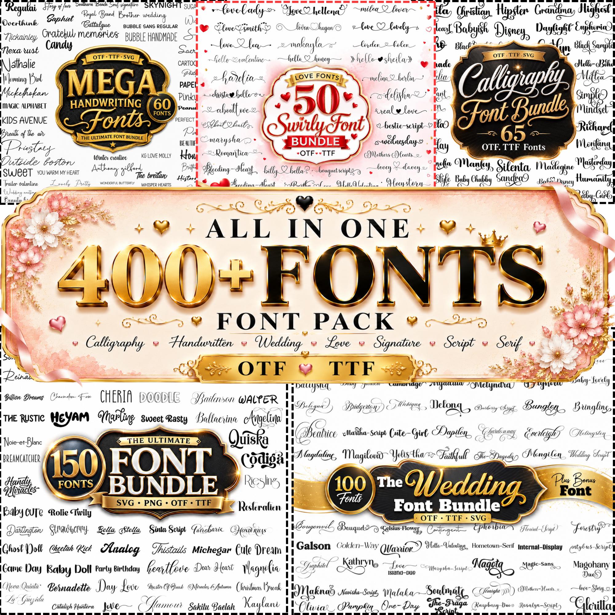 Mega 400+ Calligraphy Fonts Bundle | Handwritten Wedding Signature ...