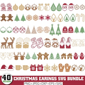 May include: A selection of 40 Christmas earring designs featuring festive shapes like Santa hats, gingerbread people, snowflakes, and Christmas trees. The designs are in brown, red, and green. The text "CHRISTMAS EARINGS SVG BUNDLE" is displayed.