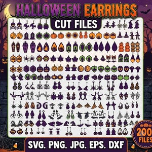 May include: A digital collection of Halloween earring cut files featuring over 200 designs including pumpkins, ghosts, skulls, bats, spiders, witches, and webs in orange, purple, green, and black. The text reads Halloween Earrings Cut Files.