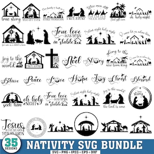 May include: A collection of 35 Nativity SVG designs in black, including silhouettes of the Holy Family, angels, and the Star of Bethlehem. Text includes "True Story", "Noel", and "Jesus is the Reason for the Season".