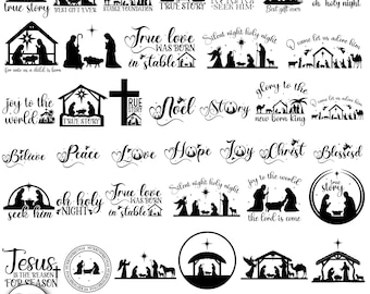 May include: A collection of 35 Nativity SVG designs in black, including silhouettes of the Holy Family, angels, and the Star of Bethlehem. Text includes "True Story", "Noel", and "Jesus is the Reason for the Season".