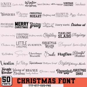 May include: A selection of 50 Christmas fonts in diverse styles, including script, bold, and decorative designs. The fonts are shown in black text on a light pink background, with the words "Christmas Font" in bold orange text.