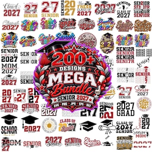 Pode incluir: Uma coleção digital de mais de 200 designs gráficos com o texto Senior 2027, Class of 2027, e vários motivos de graduação, incluindo capelos, diplomas e coroas de louros em diversas fontes, cores e estilos para projetos criativos.