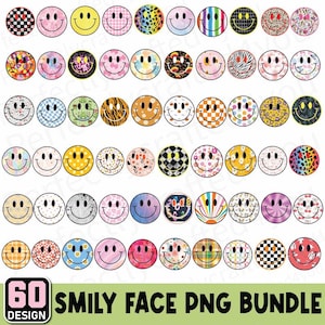 May include: A collection of 60 smiley face designs in a PNG bundle. The smiley faces feature various patterns, including checkered, floral, and animal prints, in a variety of colors. The text "60 SMILEY FACE PNG BUNDLE" is displayed at the bottom.