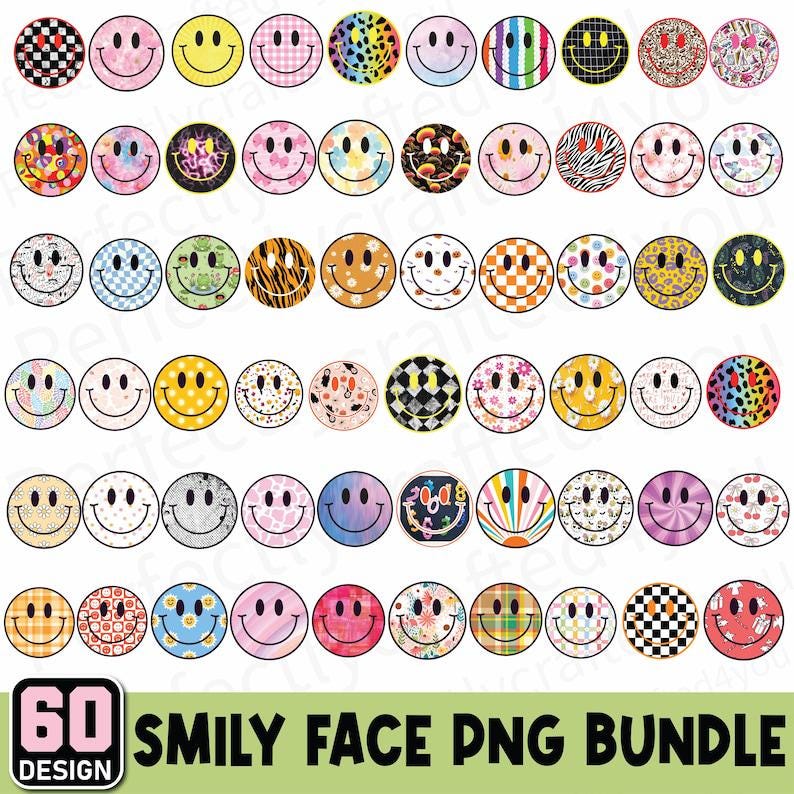 May include: A collection of 60 smiley face designs in a PNG bundle. The smiley faces feature various patterns, including checkered, floral, and animal prints, in a variety of colors. The text "60 SMILEY FACE PNG BUNDLE" is displayed at the bottom.