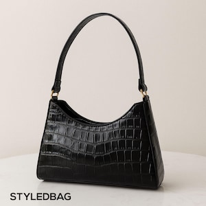 Sac bandoulière noir effet croco – Sac à main vintage en similicuir – Sac à main élégant pour femme