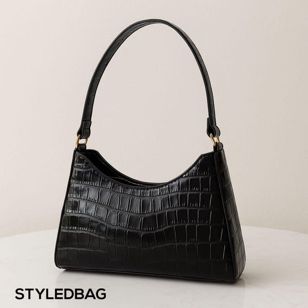 Black Croc Embossed Shoulder Bag – Faux Leather Vintage Style Purse – Elegant Handbag for Women