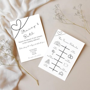 Conjunto de convites de casamento modernos e cartão de cronograma | Design minimalista em preto e branco | Modelo editável