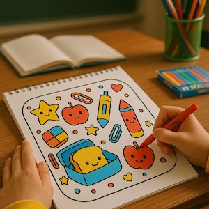 Printable School Coloring Book: Kawaii Cartable Magique, French Activity (PDF Download A4)