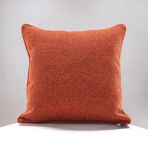 Peut inclure: Un coussin carré orange en tissu texturé. Le coussin a un motif tissé subtil.