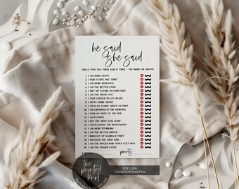 Printed or Printable He Said She Said, He Said She Said Game, Guess Who Said It Wedding Game, Bridal Shower Games, Wedding Game, Blair, 09