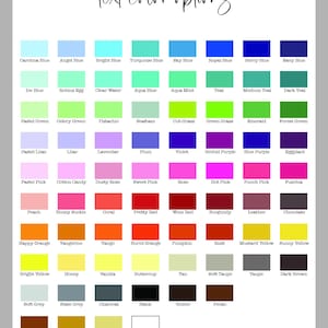 May include: A color chart titled text color options featuring a grid of 72 rectangular color swatches, each labeled with its specific name, ranging from blues and greens to purples, pinks, reds, oranges, yellows, browns, grays, and white.