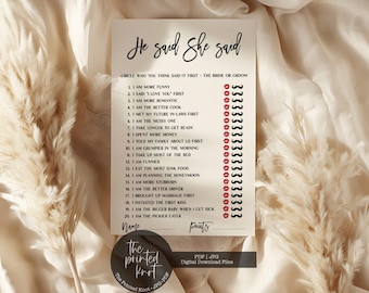Printed or Printable He Said She Said, He Said She Said Game, Guess Who Said It Wedding Game, Bridal Shower Games, Wedding Game, Blair, 02