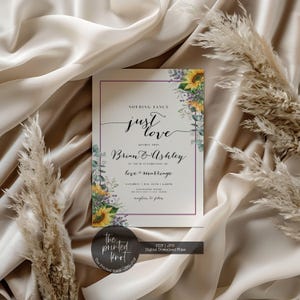 May include: A wedding invitation with a floral design featuring sunflowers and greenery. The text reads "Nothing Fancy, Just Love" and includes the names Brian & Ashley. The invitation is bordered in purple and includes the text "love + marriage".