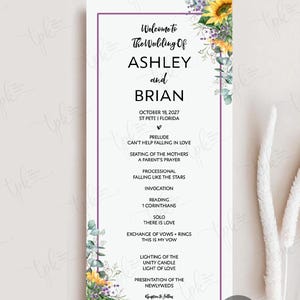 May include: A vertical wedding program card featuring a purple border and floral accents of sunflowers and eucalyptus. The text reads: Welcome to The Wedding Of ASHLEY and BRIAN, OCTOBER 18, 2027, ST PETE FLORIDA, and a detailed ceremony order.