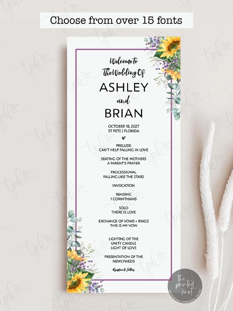 May include: A vertical wedding program card featuring a purple border and floral accents of sunflowers and eucalyptus. The text reads: Welcome to The Wedding Of ASHLEY and BRIAN, OCTOBER 18, 2027, ST PETE FLORIDA, and a detailed ceremony order.