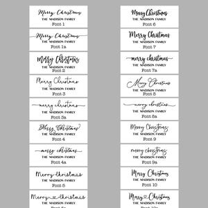 May include: A font options chart displaying twenty-two variations of the text Merry Christmas and The Madison Family, labeled Font 1 through Font 10b. The black text is presented on white rectangular backgrounds against a gray backdrop.