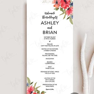 May include: A vertical wedding program card featuring watercolor red poppy floral illustrations at the top and bottom. The text reads: Welcome to The Wedding Of ASHLEY and BRIAN, OCTOBER 18, 2027, ST PETE | FLORIDA, and a detailed order of ceremony.