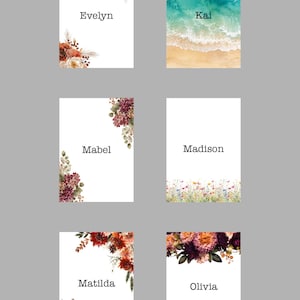 May include: Six rectangular cards featuring various designs: Evelyn with orange and white flowers, Kai with a beach and ocean scene, Mabel with purple flowers, Madison with a wildflower meadow, Matilda with red and orange flowers, and Olivia with dark purple flowers.