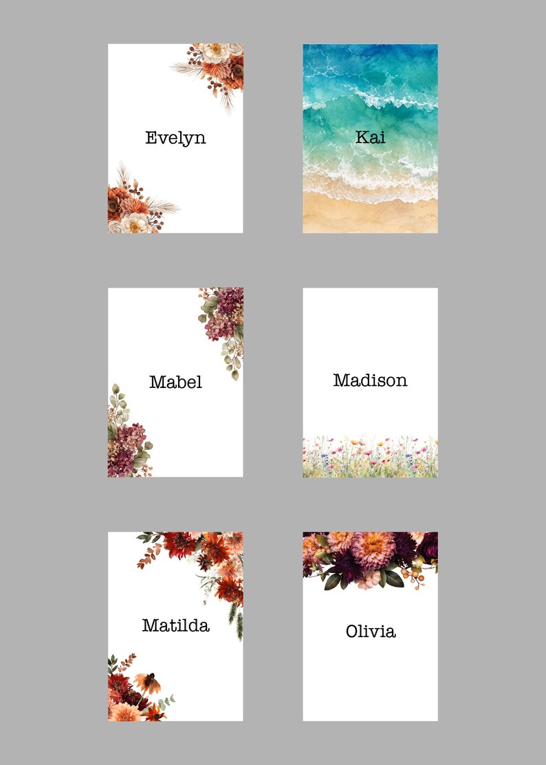May include: Six rectangular cards featuring various designs: Evelyn with orange and white flowers, Kai with a beach and ocean scene, Mabel with purple flowers, Madison with a wildflower meadow, Matilda with red and orange flowers, and Olivia with dark purple flowers.