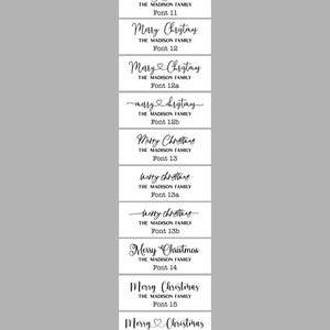 May include: A vertical display of twelve white rectangular labels featuring black text. Each label shows the phrase Merry Christmas and THE MADISON FAMILY in various script and serif fonts, labeled from Font 11 through Font 15b, with a logo at the bottom.