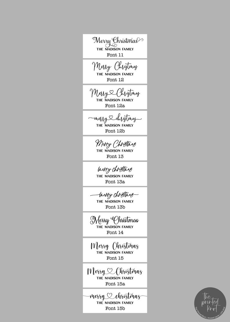 May include: A vertical display of twelve white rectangular labels featuring black text. Each label shows the phrase Merry Christmas and THE MADISON FAMILY in various script and serif fonts, labeled from Font 11 through Font 15b, with a logo at the bottom.