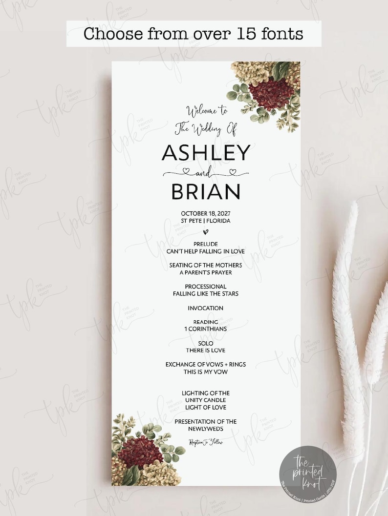 K&ouml;nnte beinhalten: Eine vertikale Hochzeitskarten-Vorlage mit wei&szlig;em Hintergrund und floralen Illustrationen aus roten und cremefarbenen Hortensien oben und unten. Der Text lautet: Welcome to The Wedding Of ASHLEY and BRIAN, October 18, 2027, St Pete, Florida, und Zeremonie-Details.