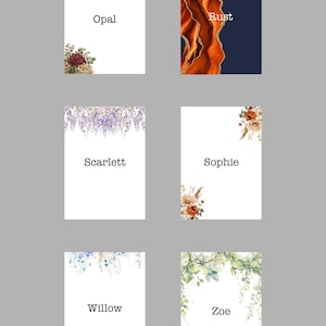 May include: Six rectangular cards featuring floral and abstract designs. The cards are labeled Opal with burgundy flowers, Rust with orange marble and gold, Scarlett with purple wisteria, Sophie with orange flowers, Willow with blue flowers, and Zoe with green leaves.