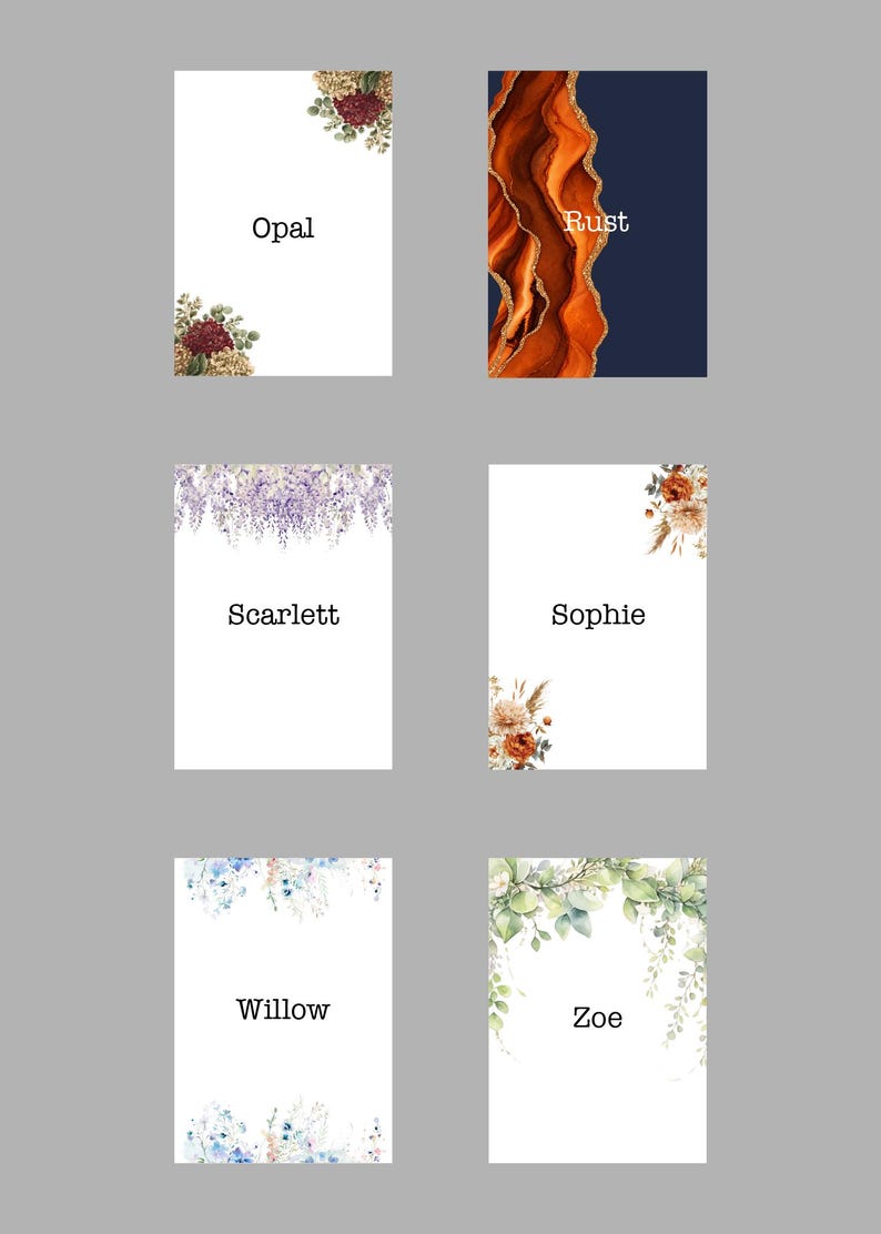 May include: Six rectangular cards featuring floral and abstract designs. The cards are labeled Opal with burgundy flowers, Rust with orange marble and gold, Scarlett with purple wisteria, Sophie with orange flowers, Willow with blue flowers, and Zoe with green leaves.