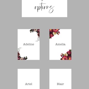 May include: A digital display titled background options featuring four rectangular cards. Adeline and Amelia show floral corner designs with red and white flowers. Ariel displays a blue ocean wave and sandy beach. Blair is a blank white card.