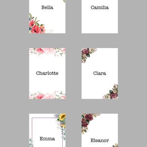 May include: Six rectangular white cards featuring floral watercolor illustrations in the corners. The cards display the names Bella, Camilia, Charlotte, Clara, Emma, and Eleanor in a black serif font. Each card has a unique botanical design.
