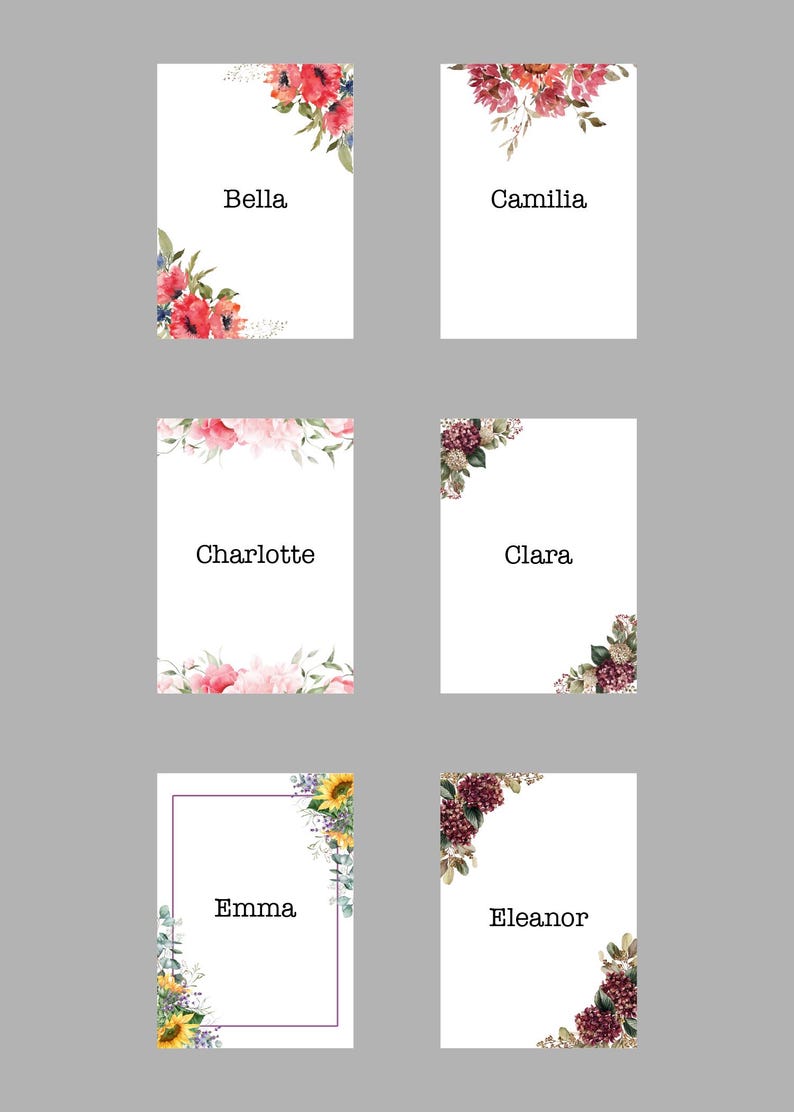 May include: Six rectangular white cards featuring floral watercolor illustrations in the corners. The cards display the names Bella, Camilia, Charlotte, Clara, Emma, and Eleanor in a black serif font. Each card has a unique botanical design.