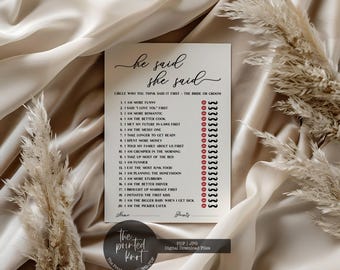 Printed or Printable He Said She Said, He Said She Said Game, Guess Who Said It Wedding Game, Bridal Shower Games, Wedding Game, Blair, 04
