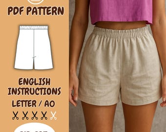 Patrón de costura para pantalones cortos de lino: Pantalones de cintura elástica para mujer (patrón PDF, tallas XS-3XL)
