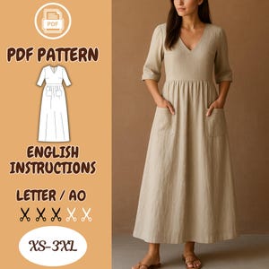 Puede incluir: Vestido de lino beige con cuello en V, mangas tres cuartos y bolsillos. El vestido se muestra en una modelo. La imagen también incluye un gráfico de patrón PDF con el texto "PDF PATTERN", "ENGLISH INSTRUCTIONS" y el rango de tallas "XS-3XL".