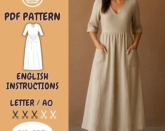 May include: A beige linen dress with a V-neck, three-quarter sleeves, and pockets. The dress is shown on a model. The image also includes a PDF pattern graphic with the text "PDF PATTERN", "ENGLISH INSTRUCTIONS", and size range "XS-3XL".