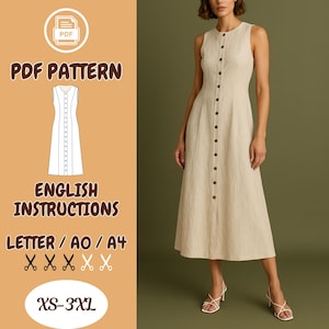 Modello di cucito per abito con bottoni sul davanti in lino – Abito estivo senza maniche a trapezio PDF – Abito lungo a trapezio, modello di cucito per abito in PDF