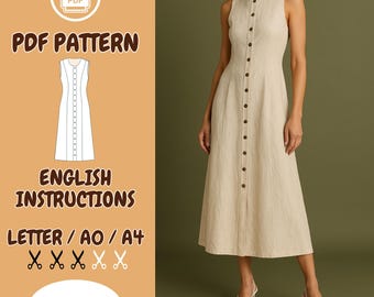 Linen Front  Button Dress Sewing Pattern – Sleeveless A-Line Summer , Long , PDF Download