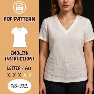 K&ouml;nnte beinhalten: Eine Frau tr&auml;gt ein wei&szlig;es V-Ausschnitt-Leinenoberteil. Das Bild zeigt auch ein PDF-Schnittmuster mit dem Text "PDF PATTERN", "ENGLISH INSTRUCTIONS", "LETTER / AO" und "XS-3XL". Das Muster enth&auml;lt eine Zeichnung des Oberteils.