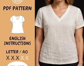Linen V-Neck Top Sewing Pattern,Vintage Blouse,Short Sleeve ,Summer tunic ,Easy Sew, XS-3XL