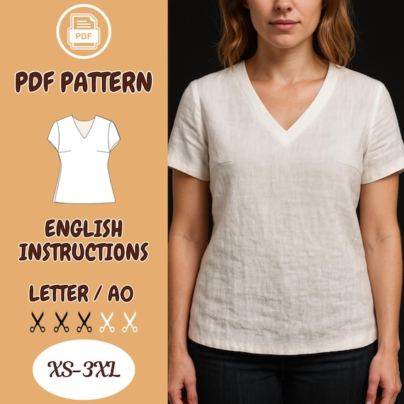 Linen V-Neck Top Sewing Pattern,Vintage Blouse,Short Sleeve ,Summer tunic ,Easy Sew, XS-3XL