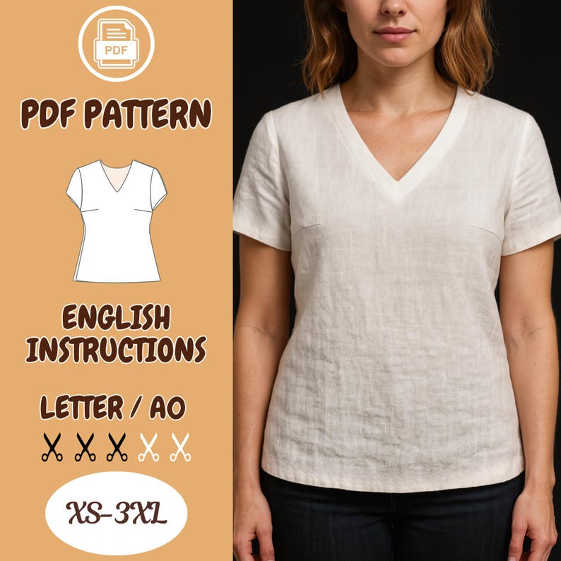 K&ouml;nnte beinhalten: Eine Frau tr&auml;gt ein wei&szlig;es V-Ausschnitt-Leinenoberteil. Das Bild zeigt auch ein PDF-Schnittmuster mit dem Text "PDF PATTERN", "ENGLISH INSTRUCTIONS", "LETTER / AO" und "XS-3XL". Das Muster enth&auml;lt eine Zeichnung des Oberteils.