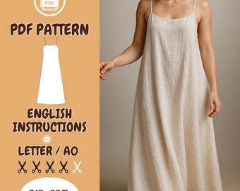 Linen Straps Dress Pattern PDF – Minimalist Summer Maxi Dress, Easy Spaghetti Sewing Project, Sizes XS–3XL