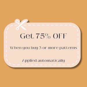 Puede incluir: Gr&aacute;fico rectangular de color melocot&oacute;n claro con esquinas redondeadas y borde discontinuo. El texto "Get 75% OFF" est&aacute; en la parte superior, con "When you buy 3 or more patterns" debajo. El texto "Applied automatically" est&aacute; en la parte inferior.